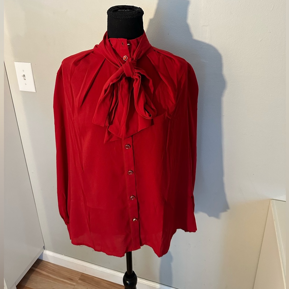 NWT. Ny&co red jeweled button, removable tie neck blouse.